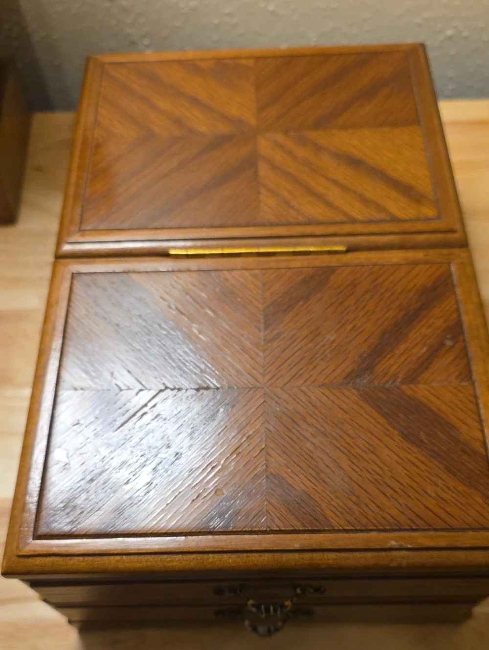 Vintage Mid-Century Wooden Jewelry Box Featuring Built-in Beveled Mirror